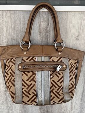 Tignanello geometric Signature canvas handbag  leather Trim brown beige